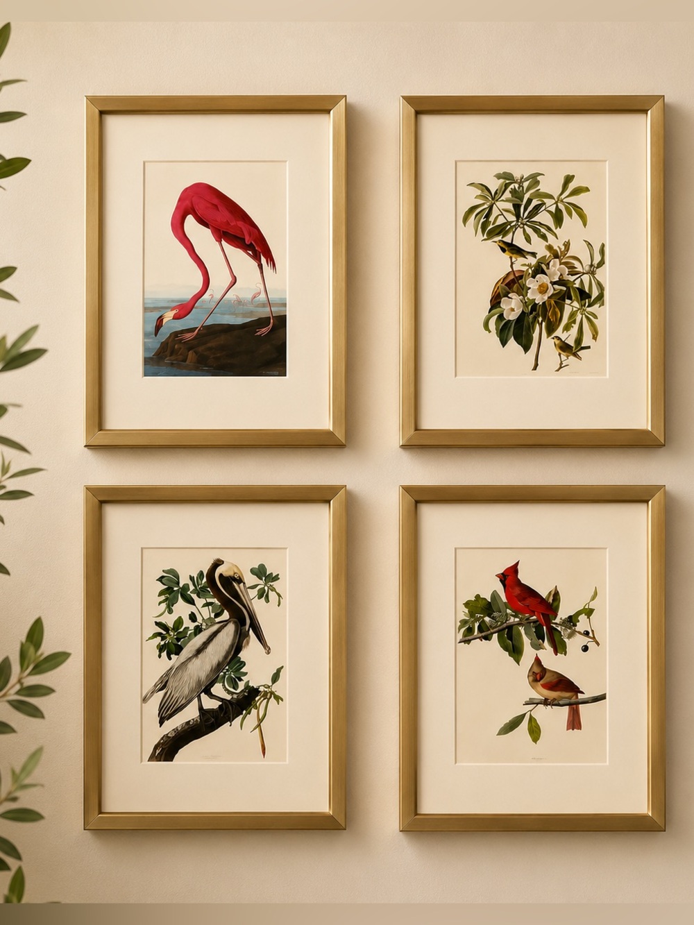Set of 4 Framed Audubon Bird Art Prints in heavy gold metal frames